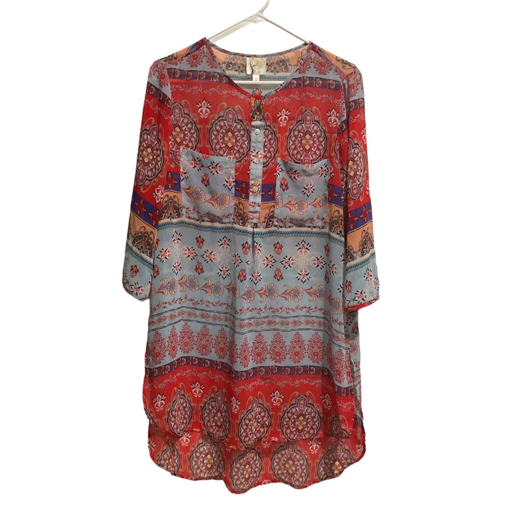 Fig & Flower Popover Sheer Tunic 3/4 Sleeve Multicolor‎